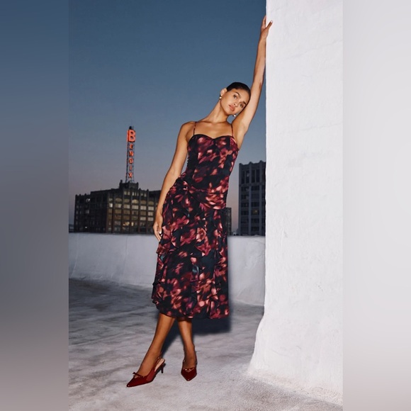 Lulus Impressive Attitude Black Abstract Ruffled Knotted Midi Dress - Picture 1 of 4